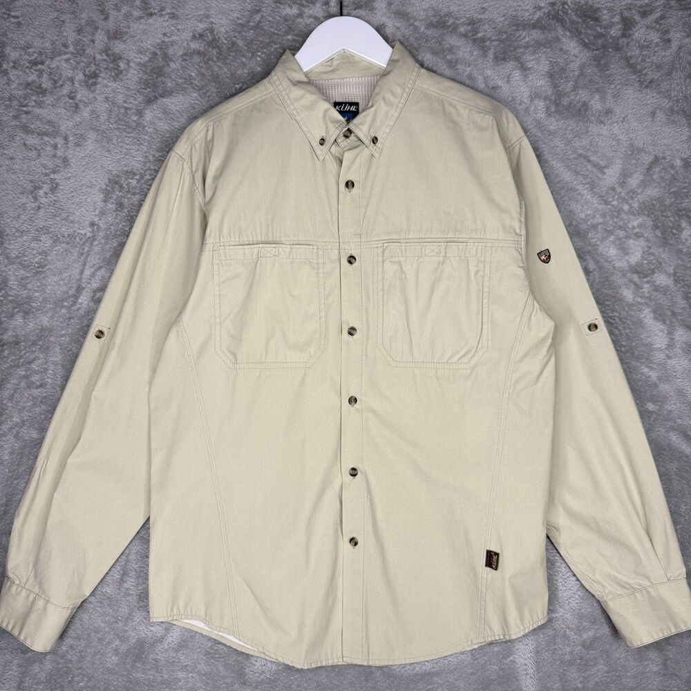 Kuhl Shirt Mens Large Beige Fishing Breathable Athletik Fit Vtg Y2K Button Up